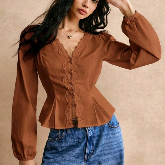 Cotton Elegant Lace Trimmed Waist Button Detail Shirt, Long Sleeve Shirt - Picture 3 of 6
